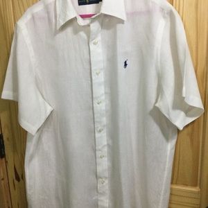Ralph Lauren Shirt Mens Large White 100% Linen Short Sleeve Button Front LOGO